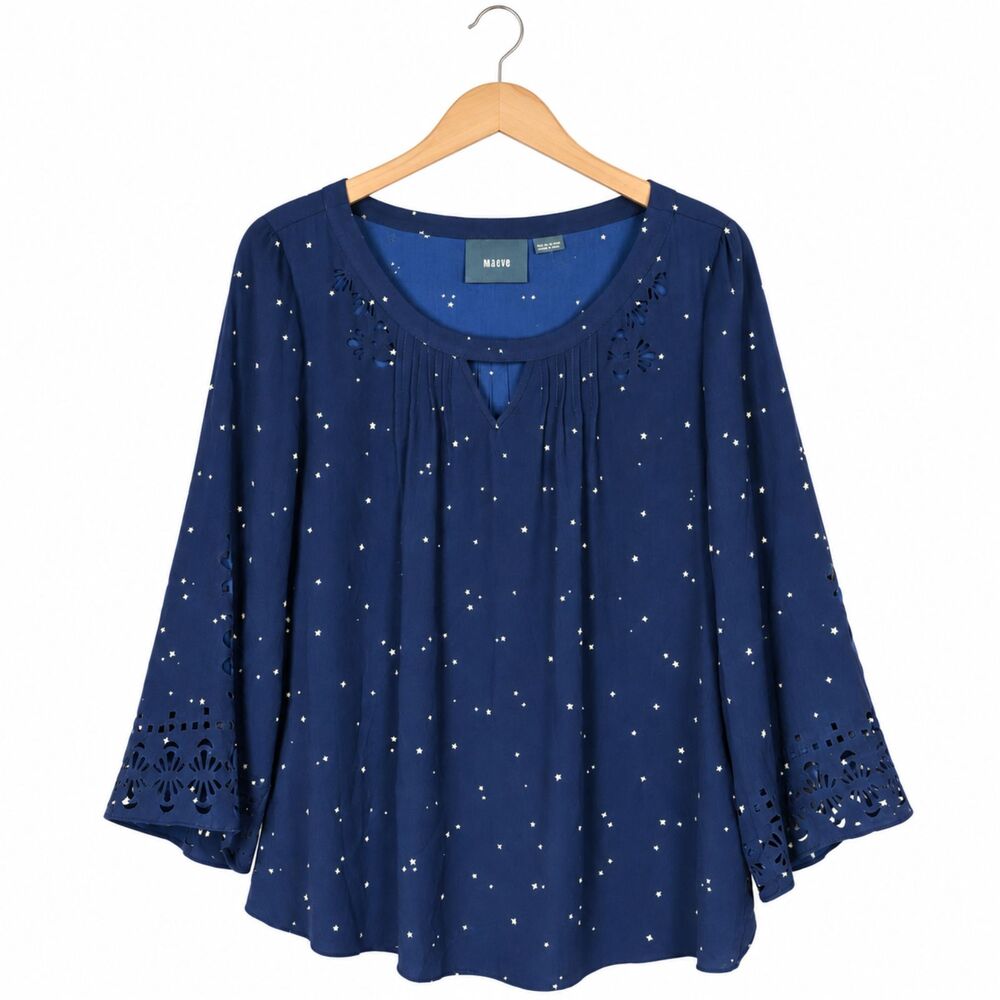 Anthropologie Maeve Teni Star Womens Cutout Blue Top 8 Peasant Boho Celestial